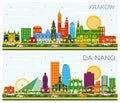 Krakow Poland and Da Nang Vietnam City Skylines Set with Color Buildings and Blue Sky