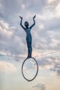Krakow, Poland 17.05.2020. Father Bernatek Bridge. Polish: Kladka Ojca Bernatka. Sculpture of a girl gymnast balancing in the air