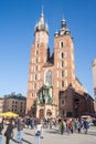 Old city center view with Adam Mickiewicz monument and St. Mary`s Basilica in Krakow Royalty Free Stock Photo