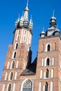 Old city center view with Adam Mickiewicz monument and St. Mary`s Basilica in Krakow Royalty Free Stock Photo