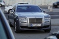 Krakow, Poland 20.12.2019: Front view view of new very expensive luxury Rolls Royce Phantom car, a long gray limousine, model Royalty Free Stock Photo