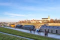 Krakow, Poland January 1, 2023. Beautiful embankment of the Vistula River, with beautiful cafes and bridges. Sunny day