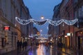 KRAKOW, POLAND - JANUARY 06, 2016: Evening view of the Slawkowska street in Christmas decoraion in historical part of Krakow