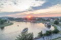 Anoramic view of Vistula River at sunset time in Krakow
