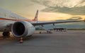 Krakow, Poland : Airplane near the terminal during sunset against runway in Jana chopina Airport Royalty Free Stock Photo