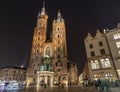 Krakow, Poland - June 3, 2018: Gothic Saint Mary Basilica in city center of Krakow, Poland at night