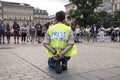 Krakow, Poland, June 01, 2018, A lonely man in the press vest a