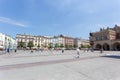 KRAKOW, POLAND - JUNE 9, 2018. Old historic tenements with restaurants at the Main Square in Krakow in Poland Royalty Free Stock Photo