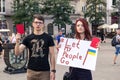 Krakow, Poland, June 01, 2018, A young girl and a guy with a poster protesting against political prisoners in Russia, Let my