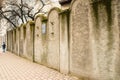 Krakow, Poland - march 7, 2023: Fragment of the wall of Jewish Ghetto in Krakow, Poland. Ghetto Walls were built in style of