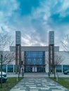 Modern facade next to parking of modern congress center EXPO Krakow with huge space for expo and