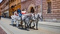 KRAKOW, POLAND - 10 of May, 2019: Horse carriage on the street of the old town in Krakow, Poland. Two horses in beautiful old-