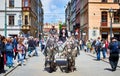 KRAKOW, POLAND - 10 of May, 2019: Horse carriage on the street of the old town in Krakow, Poland. Two horses in beautiful old-