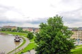 Krakow, Poland, 24 May 2019 - Picturesque landscape on coast river Wisla with boats