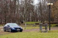 Krakow, Poland 19.02.2020: New luxury sport car Mercedes-benz C-class C63 AMG W205 blue color, parking in city park Royalty Free Stock Photo