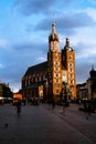 Krakow, Poland. October 9 2019.Old city center view with Adam Mickiewicz monument and St. Mary`s Basilica in Krakow Royalty Free Stock Photo