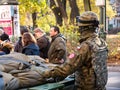 Krakow, Poland, one single anonymous Polish soldier on the street, seen from behind. Polish Armed Forces troops concept