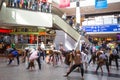 KRAKOW, POLAND - participants in a dance flash mob at the Central city train station.