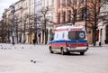 Krakow, Poland, Polish ambulance, emergency service vehicle on the street, back. Emergency response transport, ambulances, public