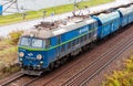 Krakow, Poland, polish PKP cargo train front closeup, rail transportation and logistics abstract concept. Freight train moving