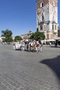 Horse-drawn carriage in front of Town Hall Tower at Main market square, Krakow, Poland
