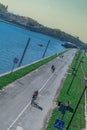 Krakow, Poland - September 21, 2019: People is walking and cycling on the cycle path at the banks of the vistula river