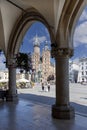 View from the arcades of the Cloth Hall of St. Mary\'s Church at Main Square in the Old Town, Krakow, Poland