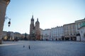 Krakow, Poland 20.04.2020: Soft dawn sunlight at Main Market Square rynek , View over Renaissance Drapers` Hall Royalty Free Stock Photo