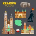 Krakow Poland Travel Doodle with Krakow Architecture, Dragon and Flag