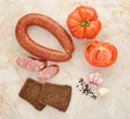 Krakow sausage, tomatoes and black bread