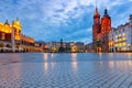 Krakow. St. Mary`s Church and market square at dawn. Royalty Free Stock Photo