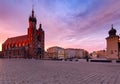 Krakow. St. Mary`s Church and market square at dawn. Royalty Free Stock Photo