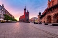 Krakow. St. Mary`s Church and market square at dawn. Royalty Free Stock Photo