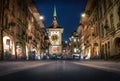 Kramgasse street at night with Zytglogge - Bern, Switzerland Royalty Free Stock Photo