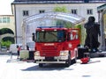 Kranj, Slovenia - July 30 2021: Firetruck parked in the center of the town Kranj