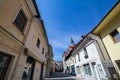 Medieval narrow street of Cankarjeva ulica in staro mestno jedro, the old town of Kranj in the main pedestrian area of the city