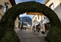 Kranjska Gora, Slovenia -January 03, 2020 Christmas decorated Square, Alpine village. Entrance gate