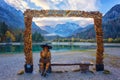 Kranjska Gora, Slovenia - October 18, 2019: Statue of uncle Vitranc at Jasna lake in Triglav national park