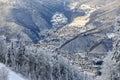 Krasnaya Polyana village snowy winter mountain landscape. Sochi, Russia, West Caucasus Royalty Free Stock Photo