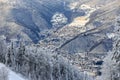 Krasnaya Polyana village snowy winter mountain landscape. Sochi, Russia, West Caucasus