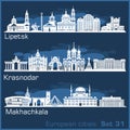 Krasnodar, Makhachkala, Lipetsk City skyline set. Russia. Vector silhouette on Blue. Royalty Free Stock Photo