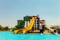 Long spiral and straight water slides in the outdoors seasonal water park