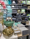 Home Decorations In Decorations Store. Modern textile shop for towels and interior decor.