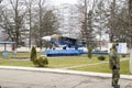 A monument of fighter aviation at the Krasnodar airfield. Young military school cadet.