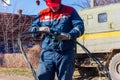 Male electrician Rosseti employee prepares electrical wires for installation close up Royalty Free Stock Photo