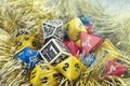 Playing Dungeons and Dragons. Dices, plastic figure of white dragon and rpg characters. Christ Royalty Free Stock Photo