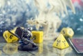 Playing Dungeons and Dragons. Dices, plastic figure of white dragon and rpg characters. Christ Royalty Free Stock Photo