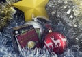 Playing Dungeons and Dragons. Dices, and rpg characters. Christmas New Year decorations. Royalty Free Stock Photo
