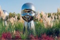 Krasnodar, Russia - October 18, 2021:Large baby heads with smiling faces in mirrored metal.