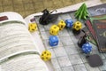 Playing Dungeons and dragons rpg game: dices, character cards, map.